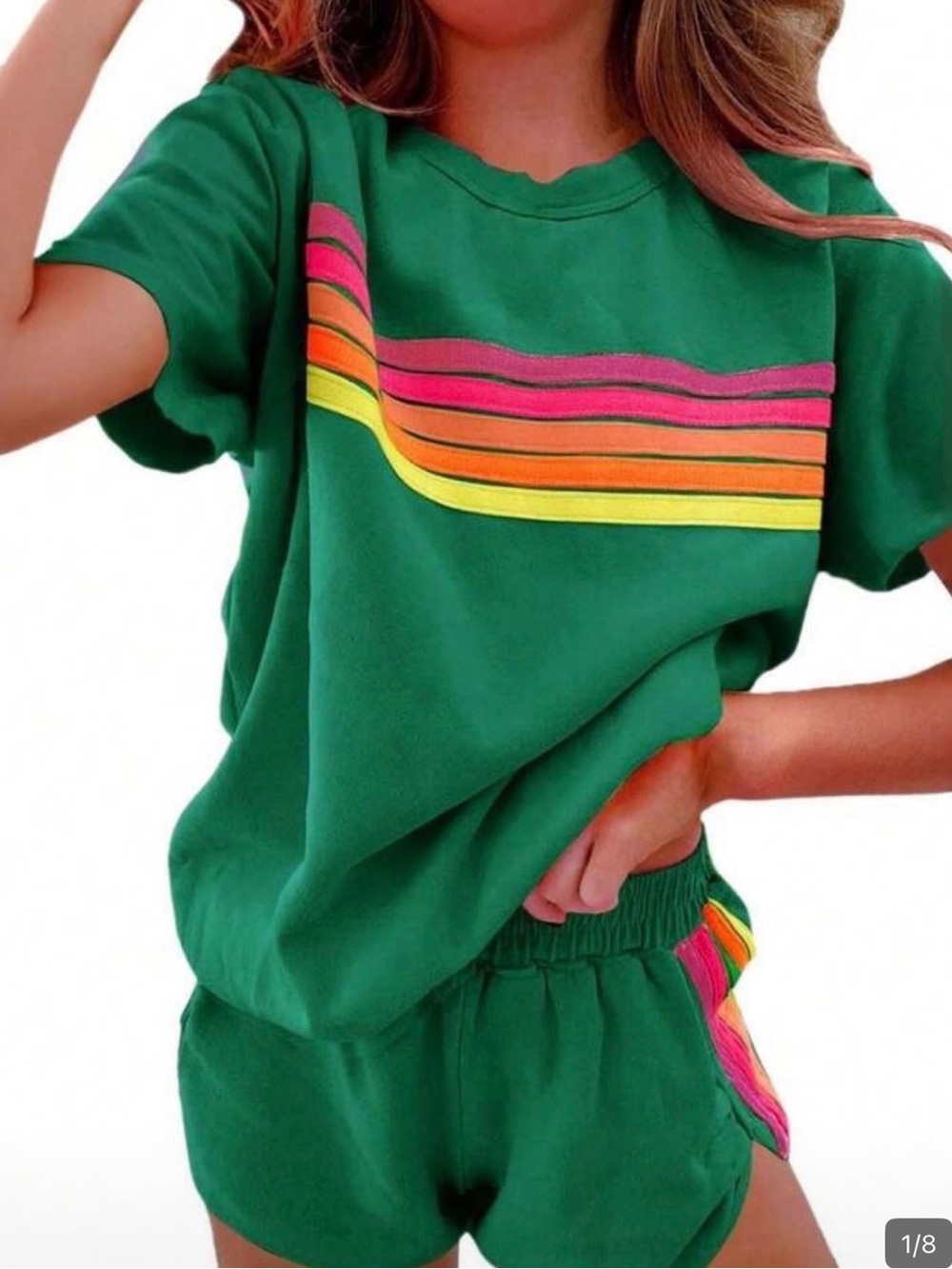 SHEIN Green Short Sleeve Tee with Pink, Orange & Yellow Stripes